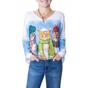 NEW LOOWIE cozy christmas cat sweater in white multi